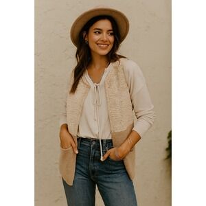 Calvin Klein Womens Small Faux Fur Sweater Vest Beige Y2K Boho Chic Outerwear